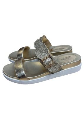 Michael Kors Jilly Gold Logo Buckle Slide Sandals Womens Size US 7.5 EUC